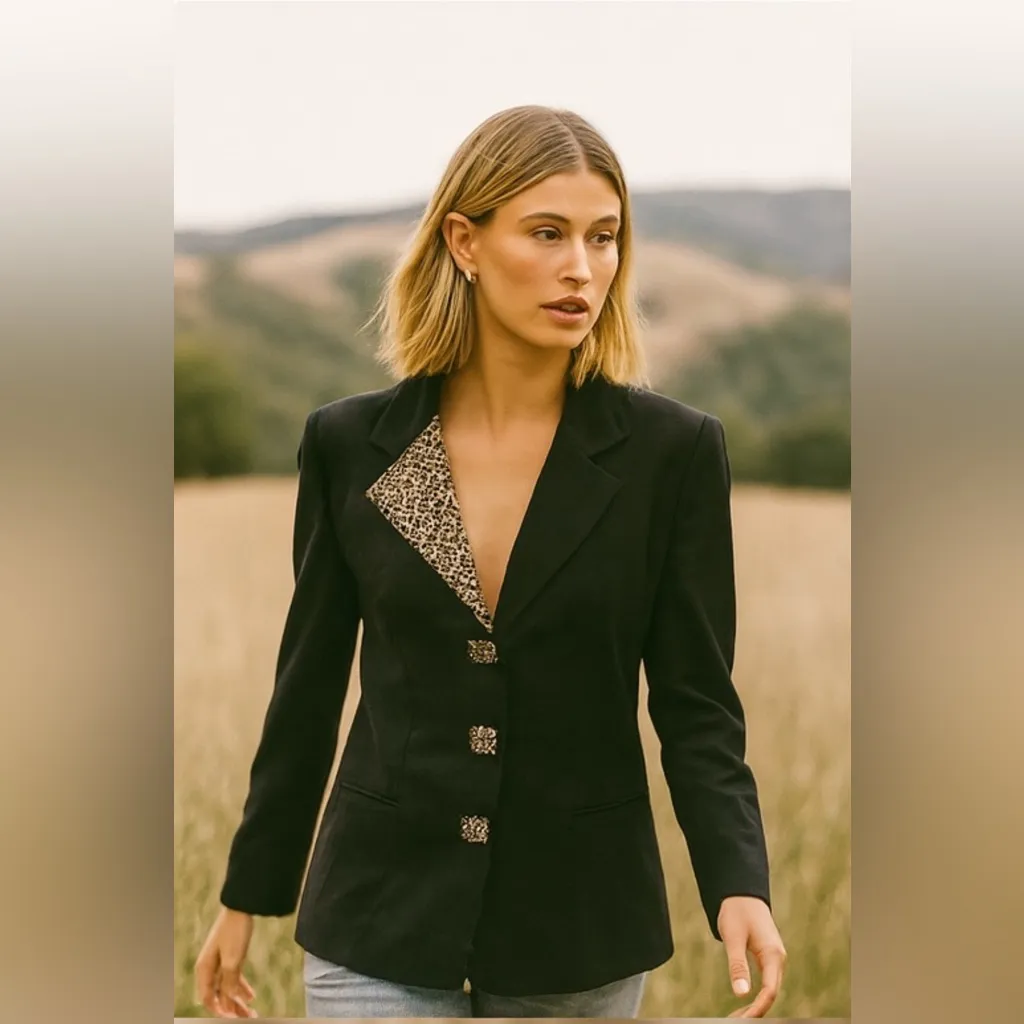 Vintage 80s Virgo II Asymmetric Leopard Collar Cropped Jacket Fall 12 Black - Image 3