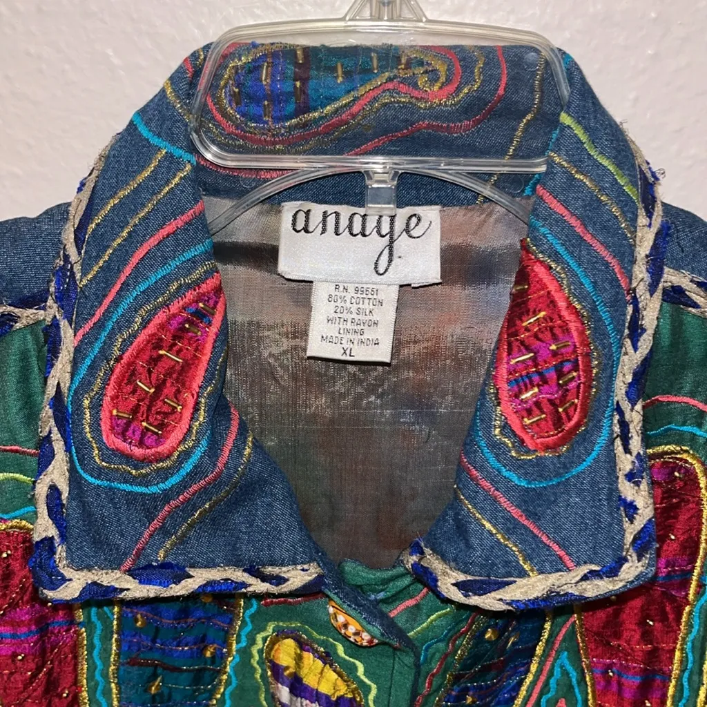 Vintage Jean Jacket Wearable Art Embroidered Denim & Silk Jacket Abstract Art Size XL - Image 4