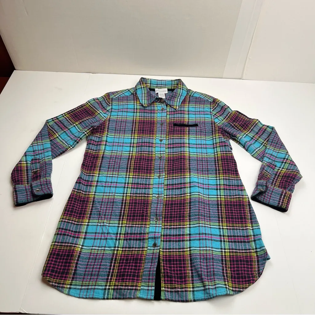 Soft Surroundings Blue Plaid Highlands Flannel Button Shirt Womens Size Medium - Image 3