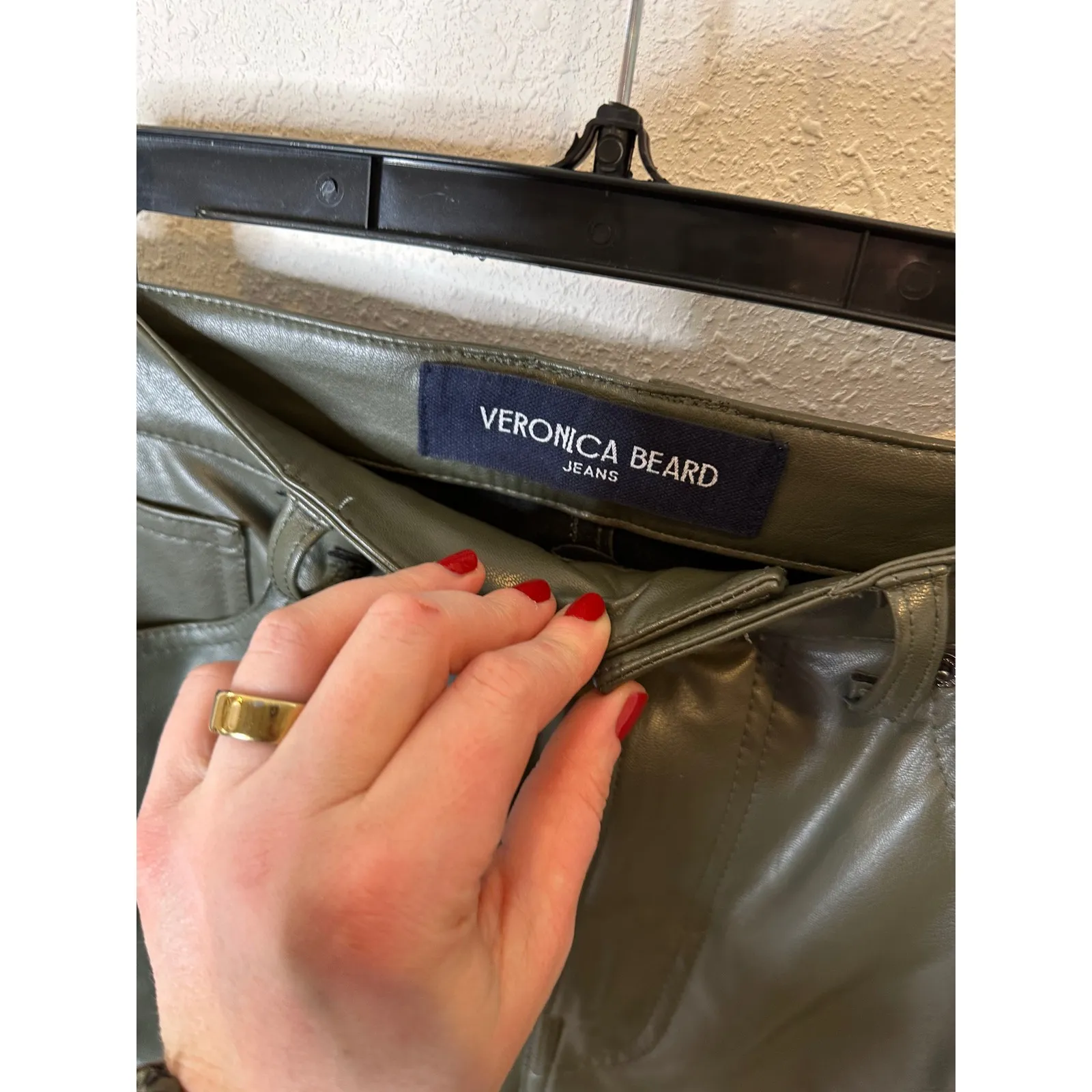 Veronica Beard Carly Kick Flare High Rise Faux Leather Pants Olive Green Size 30 - Image 2