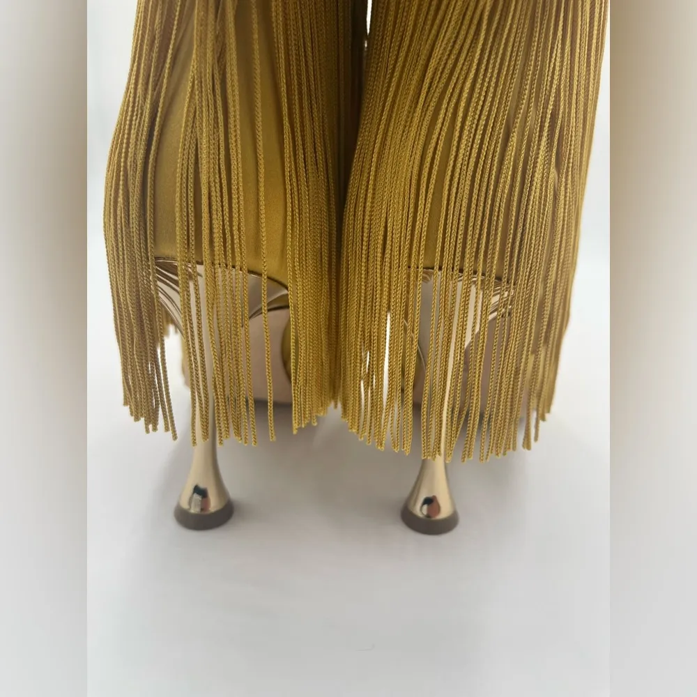 MANOLO BLAHNIK FLEQUILLOHI Yellow Satin Fringe Detail Knee High Boots 105mm - Image 9