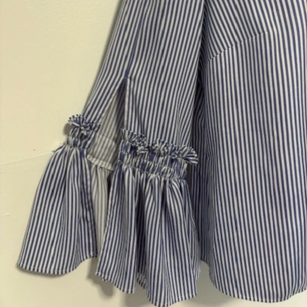 Hilary Radley Blouse Blue White Striped M 3/4 Bell Sleeve V Neck Boho Casual - Image 6