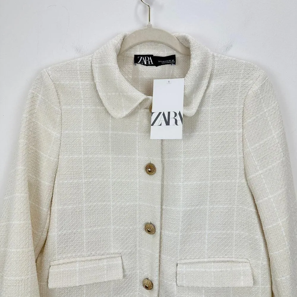 Zara Tweed Jacket Cropped Ivory Gold Buttons Collared Preppy Academia Small NWT - Image 3