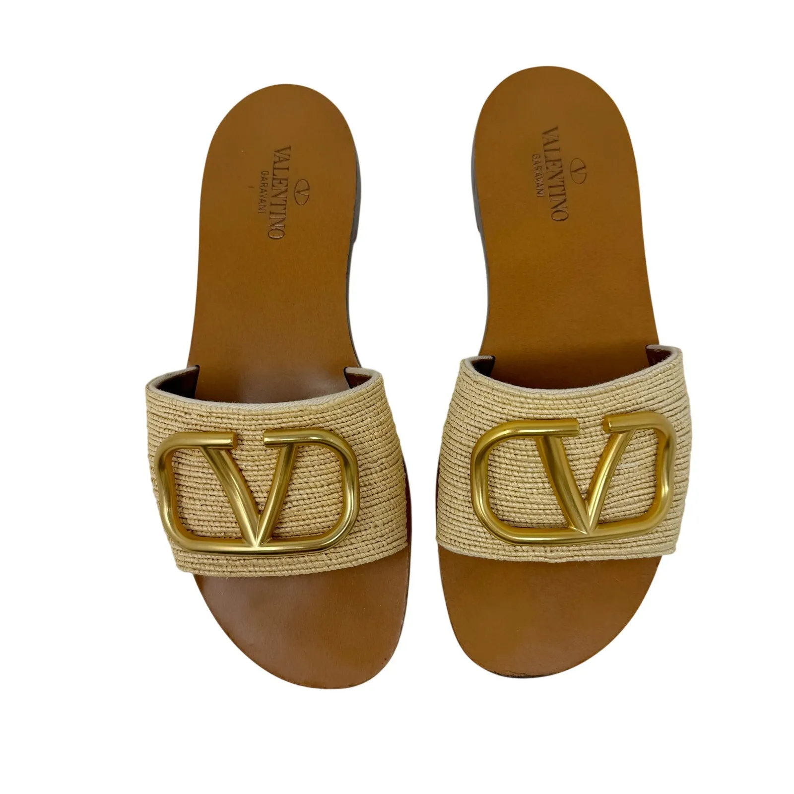 Valentino Garavani VLogo Raffia Slide Sandals Beige Gold Flat Slides EU 38 - Image 2