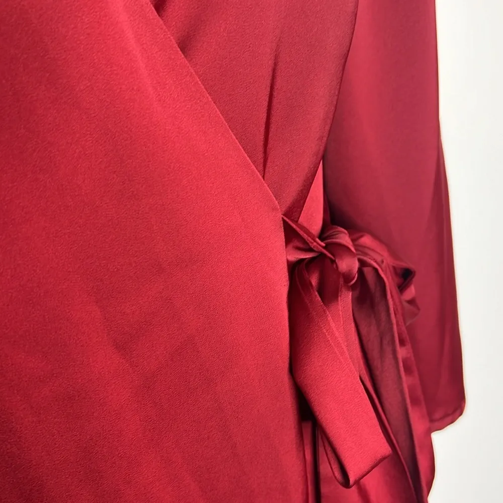 Lulu’s Festive Forever Wine Red Wrap Silky Satin Long Sleeve Short Dress - Image 7