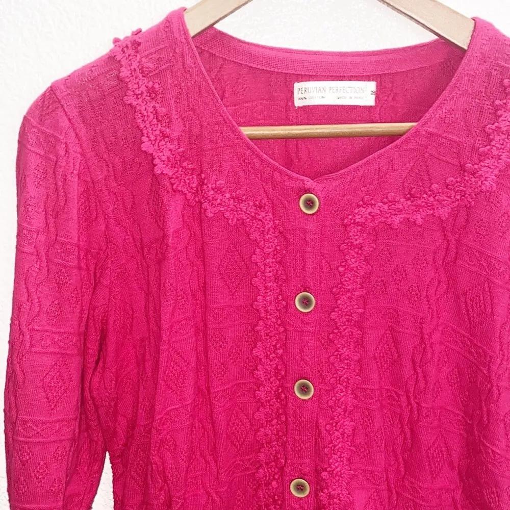 Peruvian Perfection 100% Cotton Hot Pink Size Medium Button Down Cardigan - Image 2