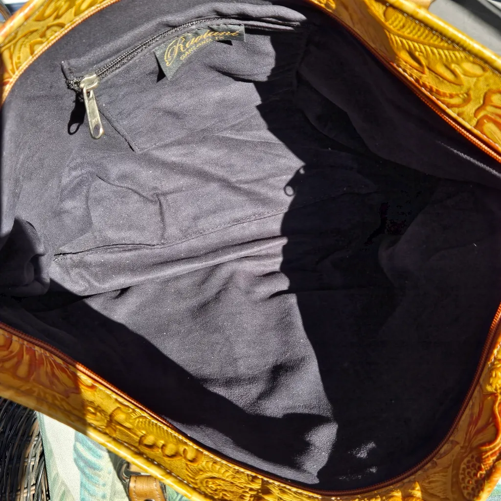 Raviani Caramel Color Crocodile and Floral Embosed Leather Tote Bag 18"x12" Brown - Image 5