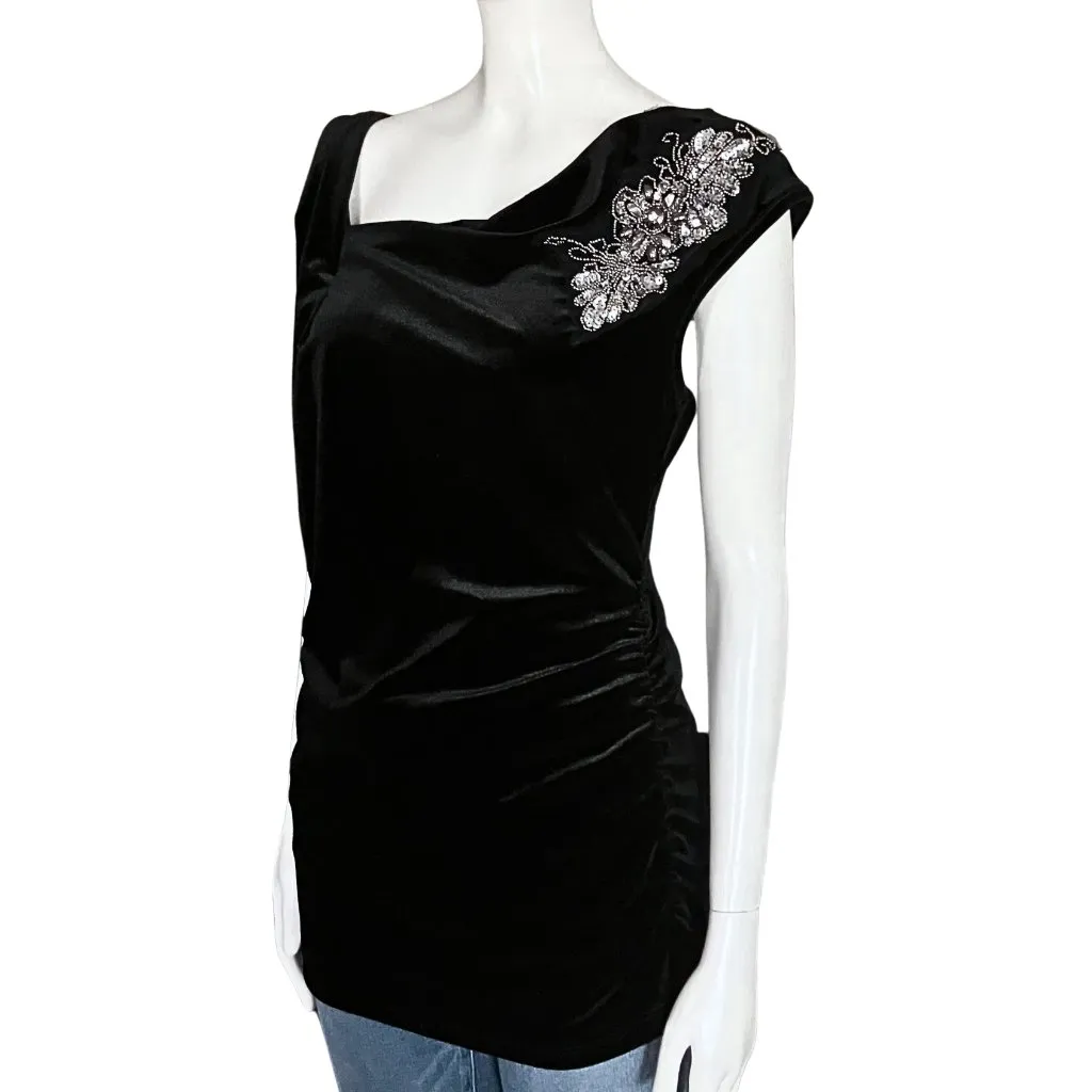 Vintage Y2K Black Velvet Asymmetrical Rhinestone Sequin Beaded Going Out Top M/L Size M - Image 2