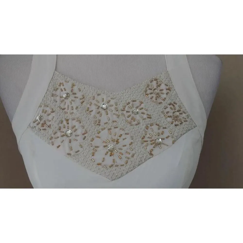 NEW Modcloth Marineblu Cream Chiffon Flowy Beaded w Gold Embroidery Maxi Dress S - Image 3