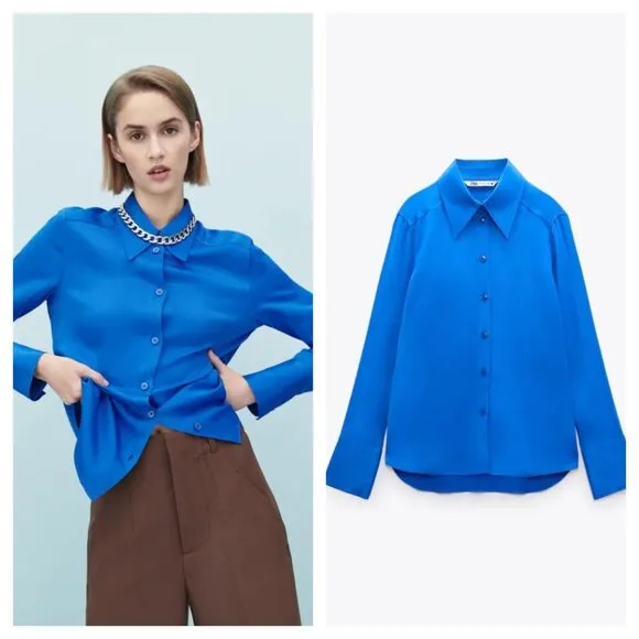 Zara Satin Effect Button Down Shirt Point Collar Long Sleeve Wide Cuff Blue S - Image 2