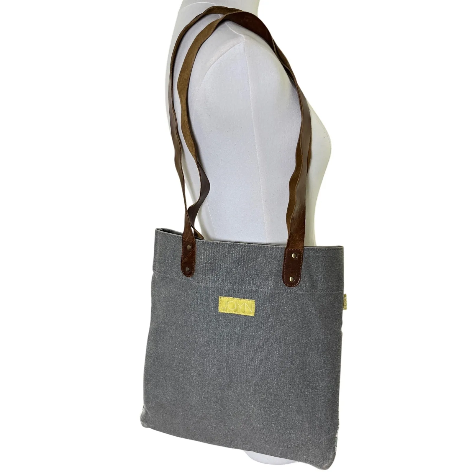 JOYN Canvas Leather Strap Tote‎ Bag Gray Floral Print Fair Trade Reversible 14" - Image 2