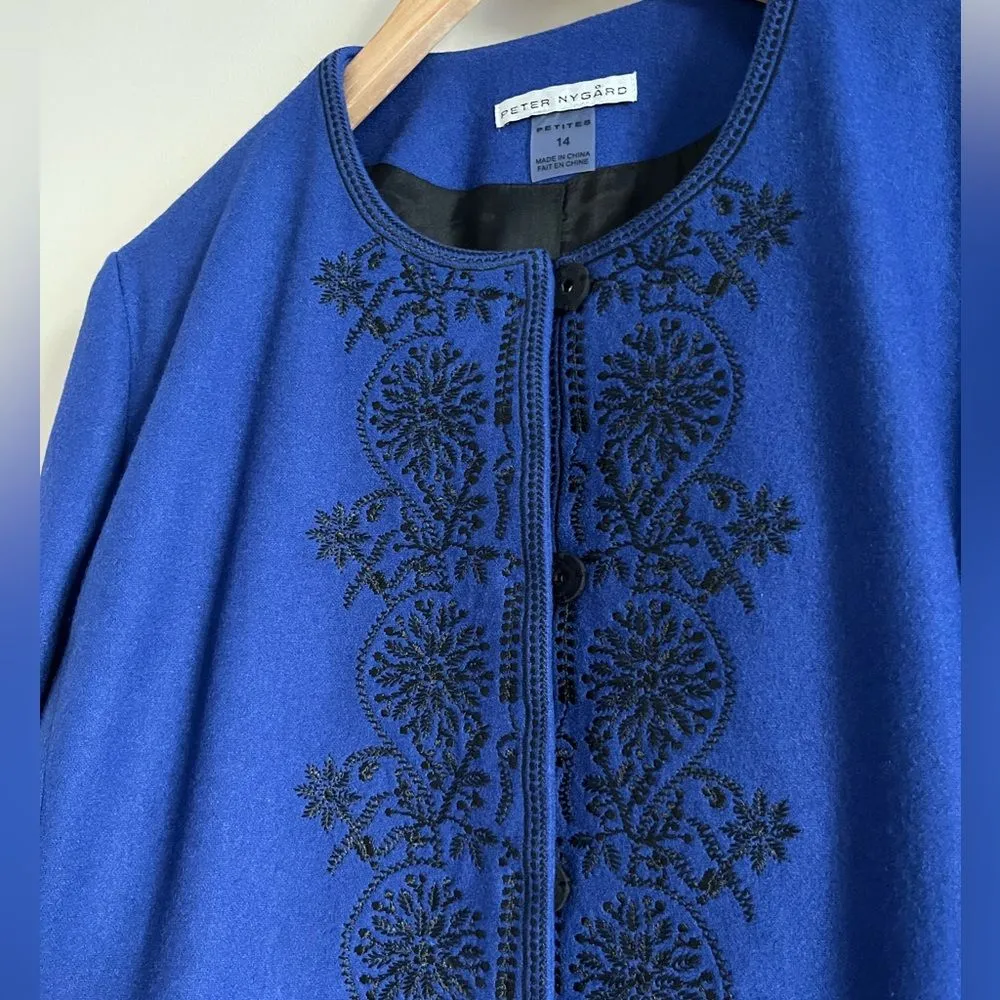 Peter Nygard Vtg Blue Wool Embroidered Coat 14P Longline Button Front Boho Chic - Image 6