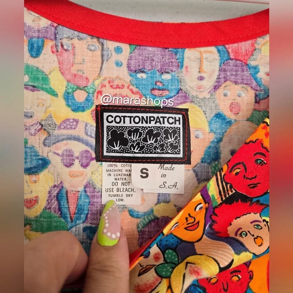 Vintage Cottonpatch Colorful Faces Print Dress Red - Image 5