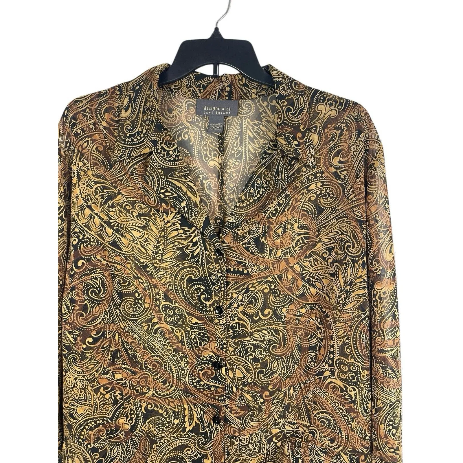 VTG Lane Bryant Designs & Co 22/24 Button Up Black Gold Paisley Tunic Sheer Top - Image 2