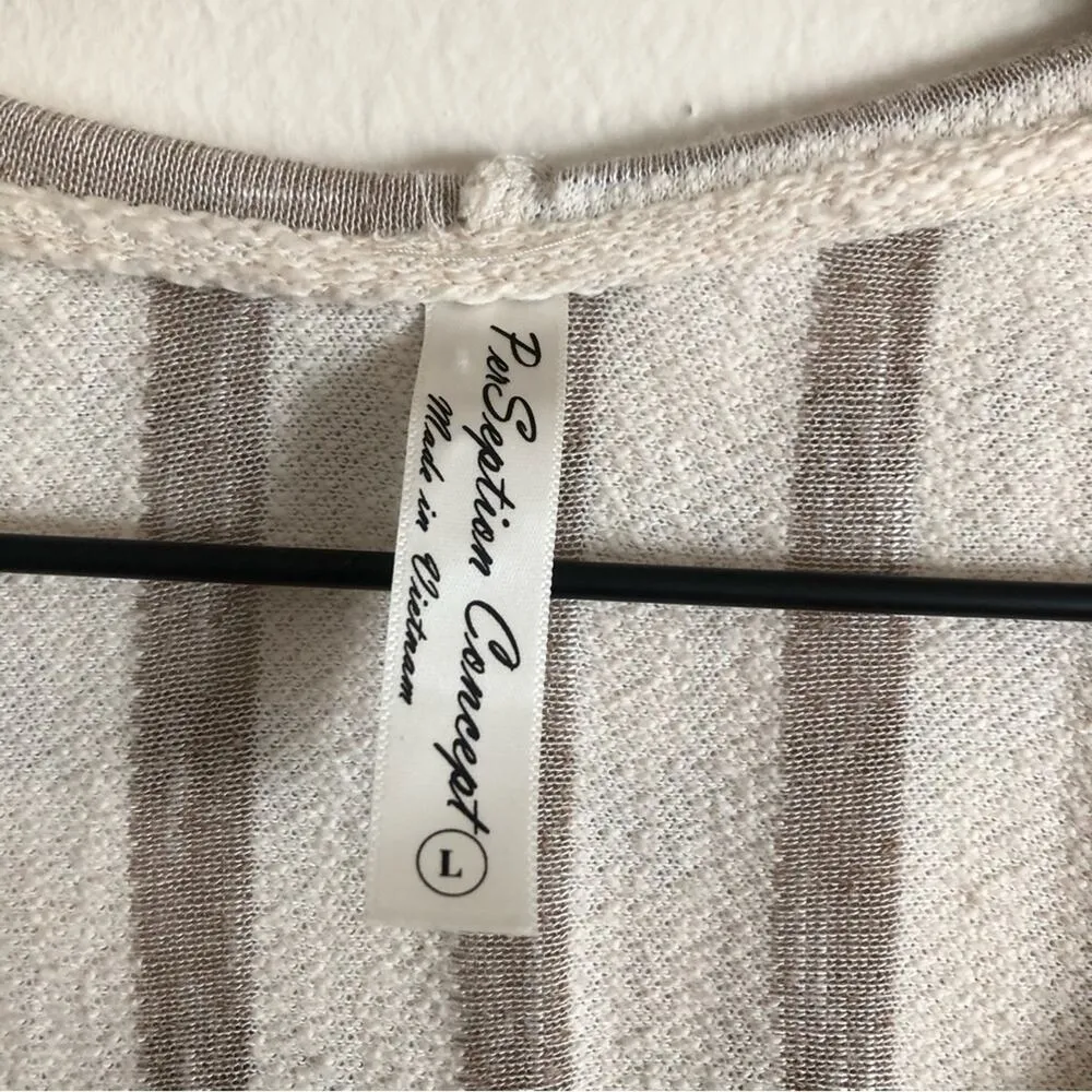 Perseption Concept Beach Boho Brown White Striped Short Sleeve Hoodie Sweater Size L - Image 4