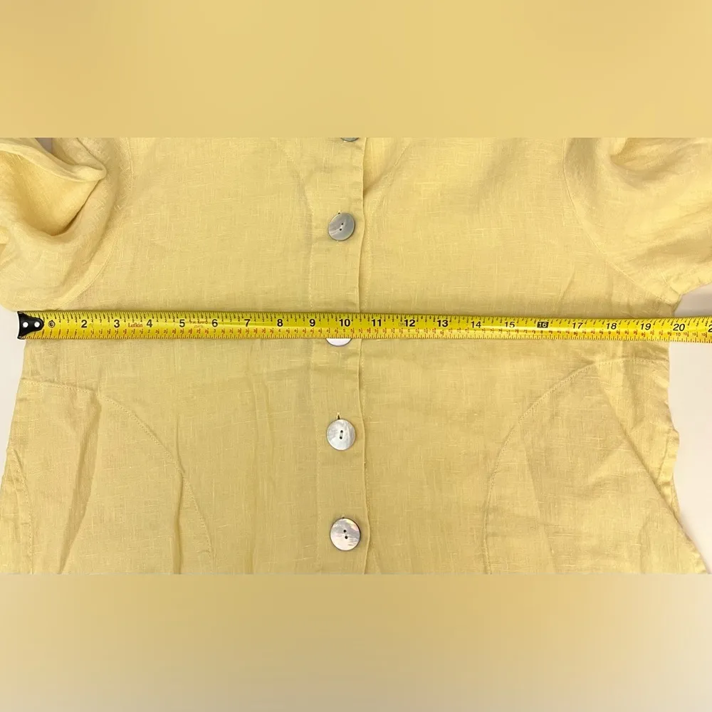Flax women lemon yellow Linen long sleeve Mother of Pearl button blouse top S - Image 5