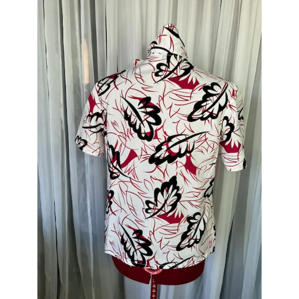kitten bow blouse abstract leaves red black 1980s Size 12 - Image 4
