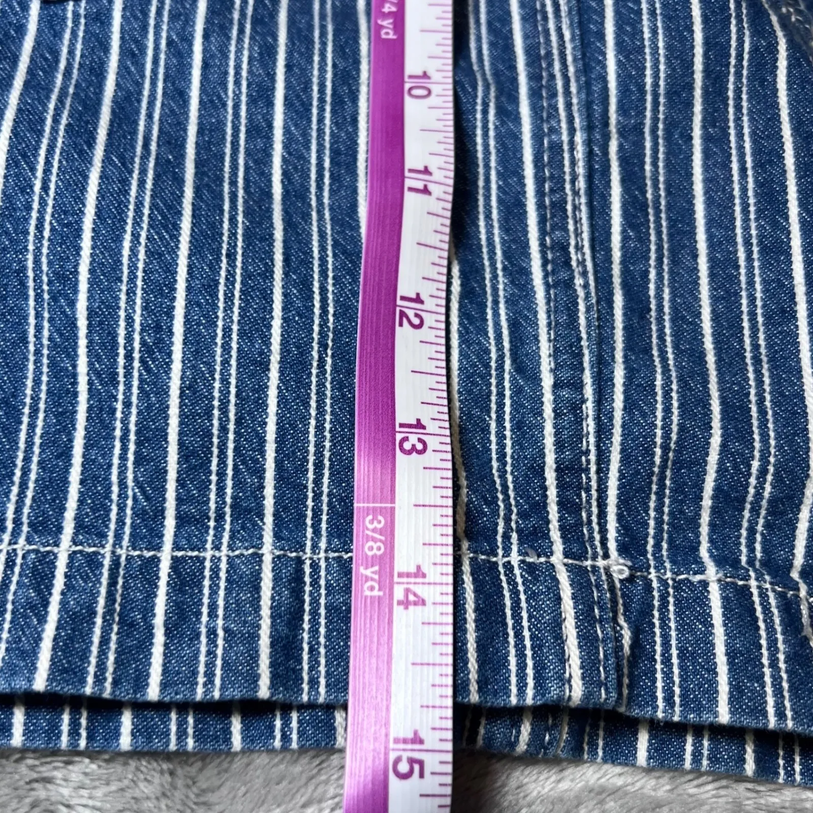 Dickies Girls Button Fly Mini Skirt Womens 1/25 Blue White Striped Denim Y2K - Image 9