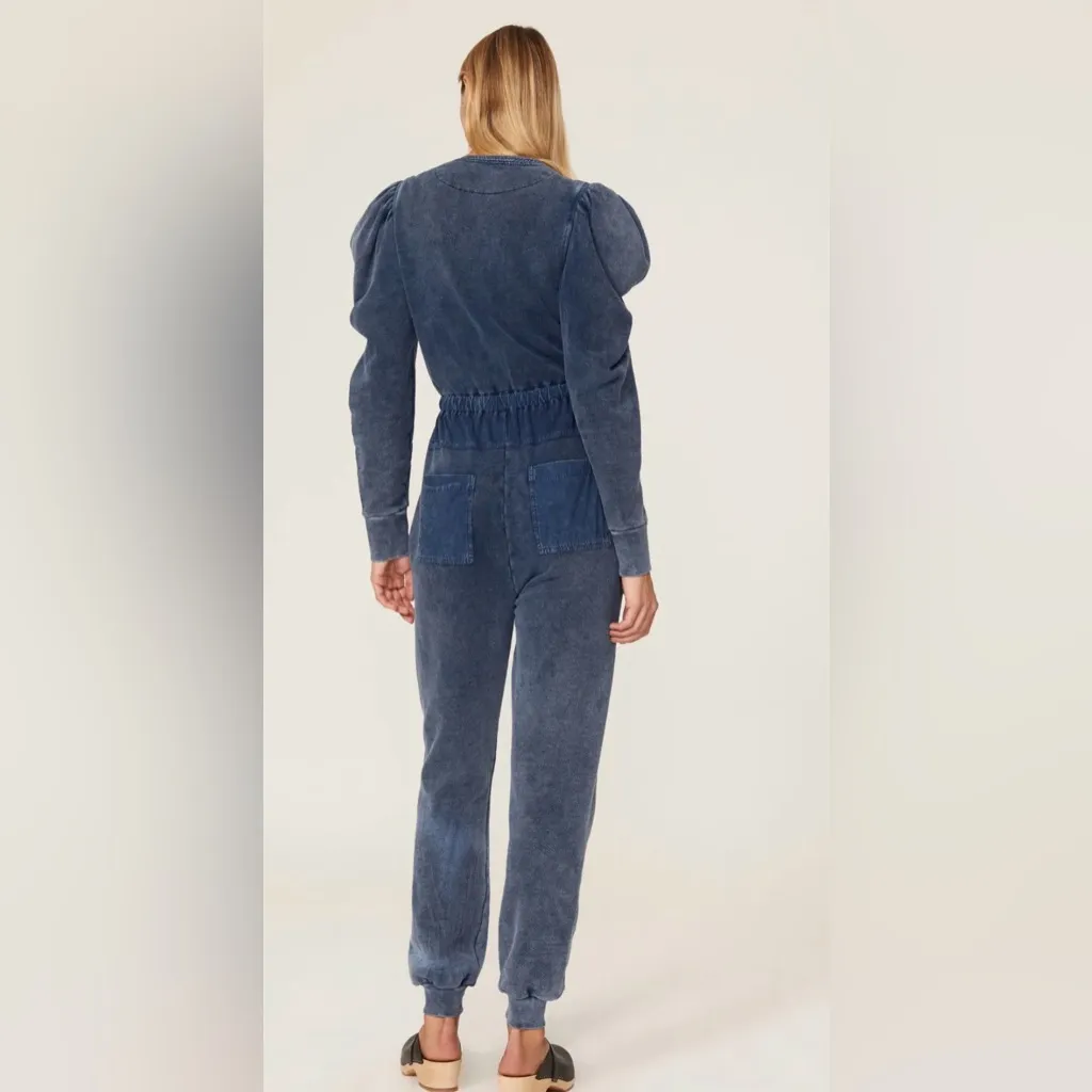 $445 ULLA JOHNSON Sadie Puff Sleeve Jumpsuit Indigo Acid Blue Jogger Pants - Image 3