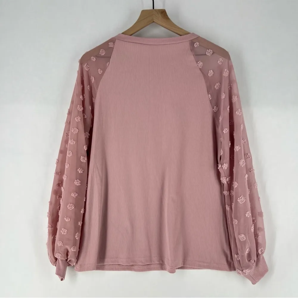 Petal Pink Lightweight Stretch Ribbed‎ Knit Chiffon Swiss Dot Balloon Sleeve Top Size L - Image 7