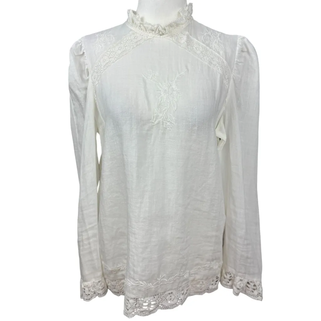 Zara S White Lace Embellished Victorian Blouse Lace Ruffle High Neck Long Sleeve - Image 2