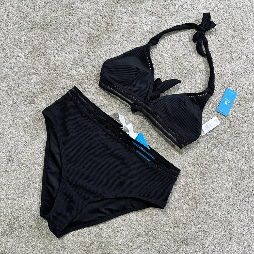 NWT Cupshe Women’s Black Halterneck Bikini Top M & High-Waisted Bottoms Set L - Image 3