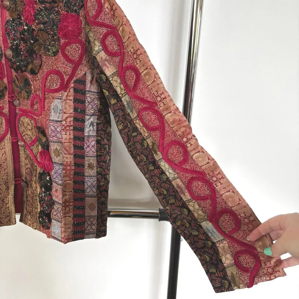Velvet Patchwork Red Eclectic Witch Charmed Medieval Boho Tapestry Jacket Medium - Image 6