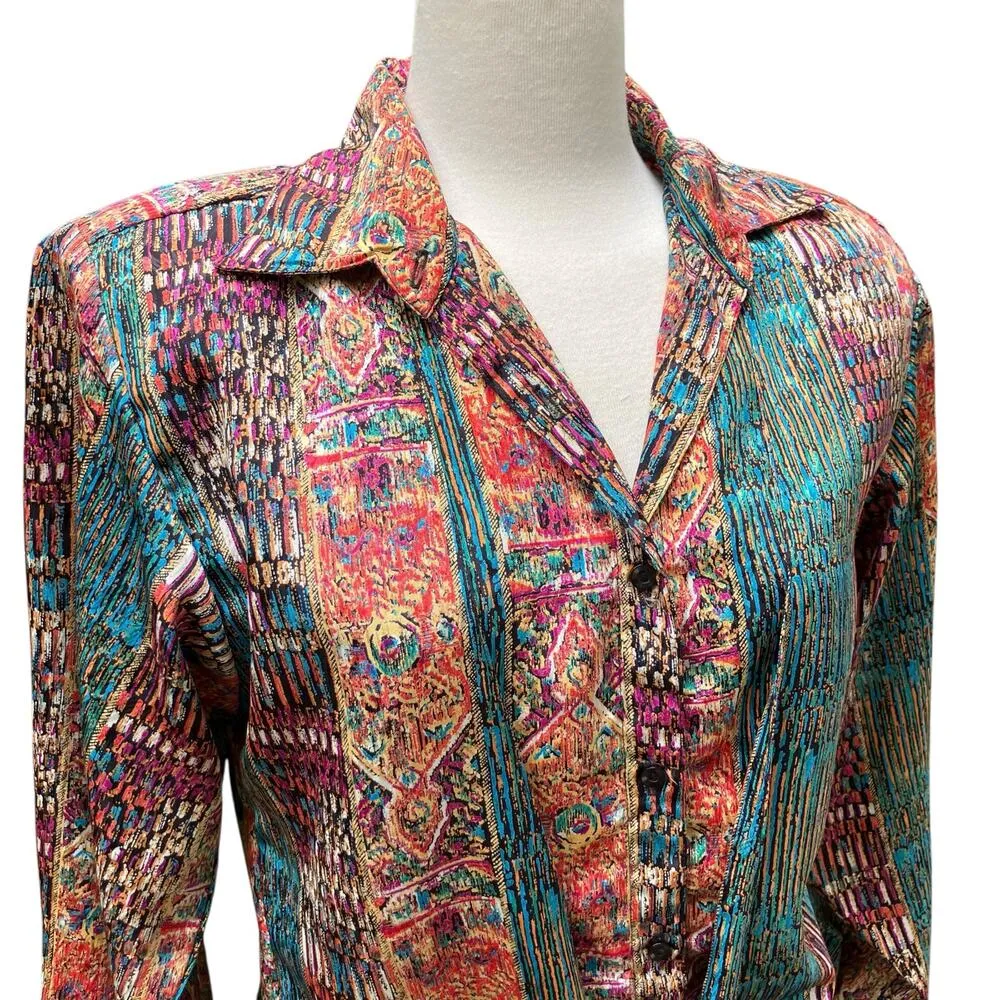 VTG Shirt Sz M Abstract Geometric Shimmer Tie Front Button Retro Funky Western - Image 2