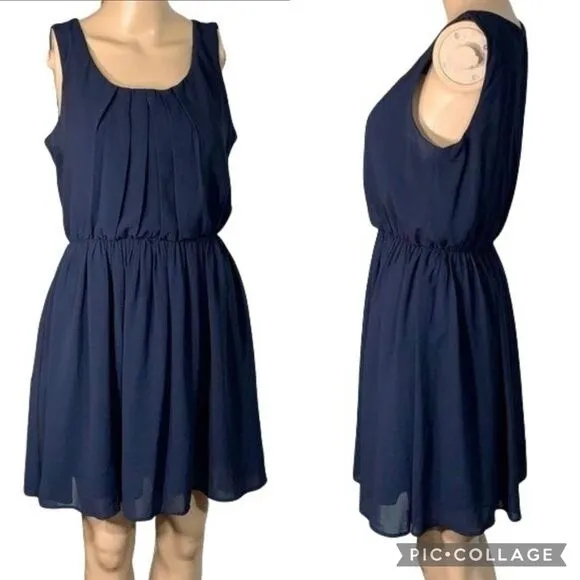 BCX Womens Blouson Dress Sheer Layered Sleeveless Pullover Navy Blue Medium - Image 2