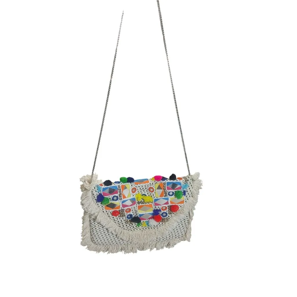 Circus By Sam Edelman Boho Fringe Crossbody Bag With Colorful Pom-Poms & Mirror - Image 7