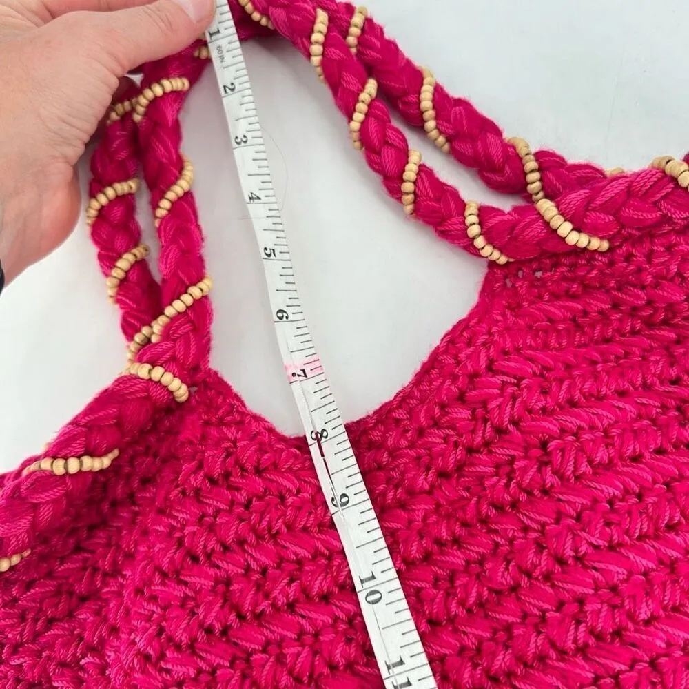 The Sak Women's Beaded Wrapped Handle knit Crochet Hobo Shoulder Bag Pink Small - Image 4