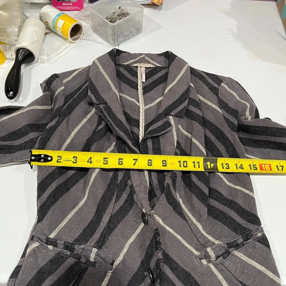 Free People Charcoal Combo Rumpled Stripe Yarn Dye Linen 4 Blazer Y2K Quirky - Image 8
