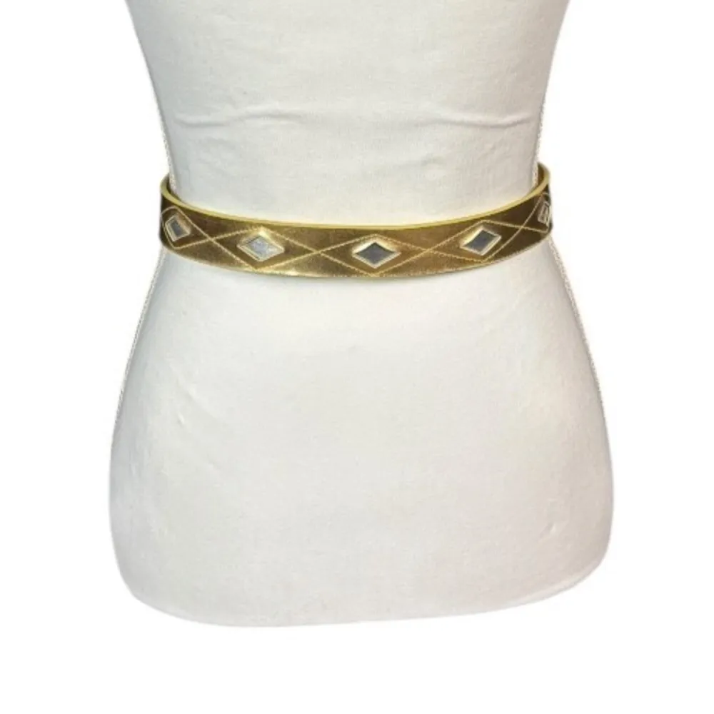 Vintage Liz Claiborne Statement Belt Gold Size Medium Faux Leather Retro Diamond - Image 3