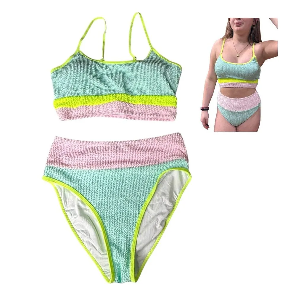 NEW Color Block Scoop Neck Two Piece SWIMSUIT Women's MED Bikini Pink Teal Beach - Image 12