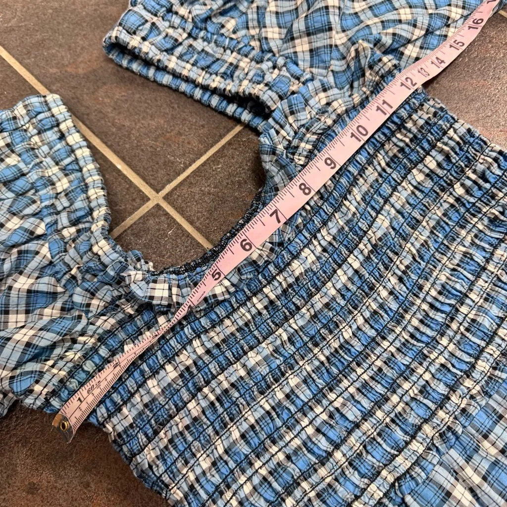 Ganni Shirred Checkered Cotton Blend Seersucker Gingham Midi Dress Blue 34 - Image 12