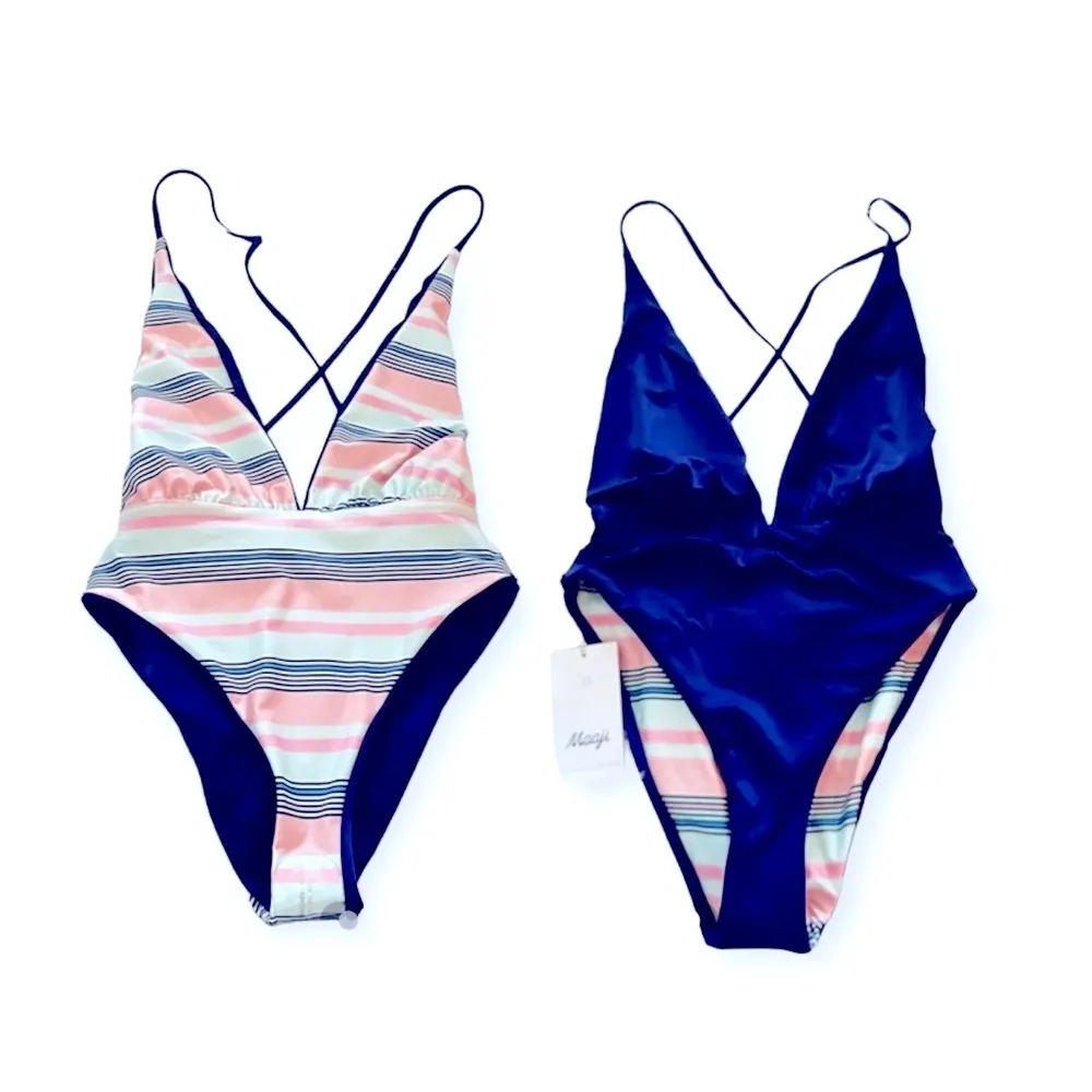 Maaji Safari Reversible Plunge One-Piece Swimsuit Stripe/Solid, Blue New w/Tag - Image 4
