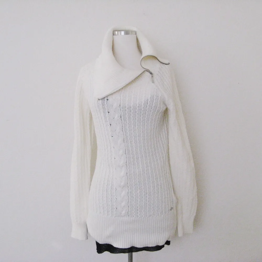 Guess Ivory White Cowl Neck Zip Knit Sweater L - Image 4