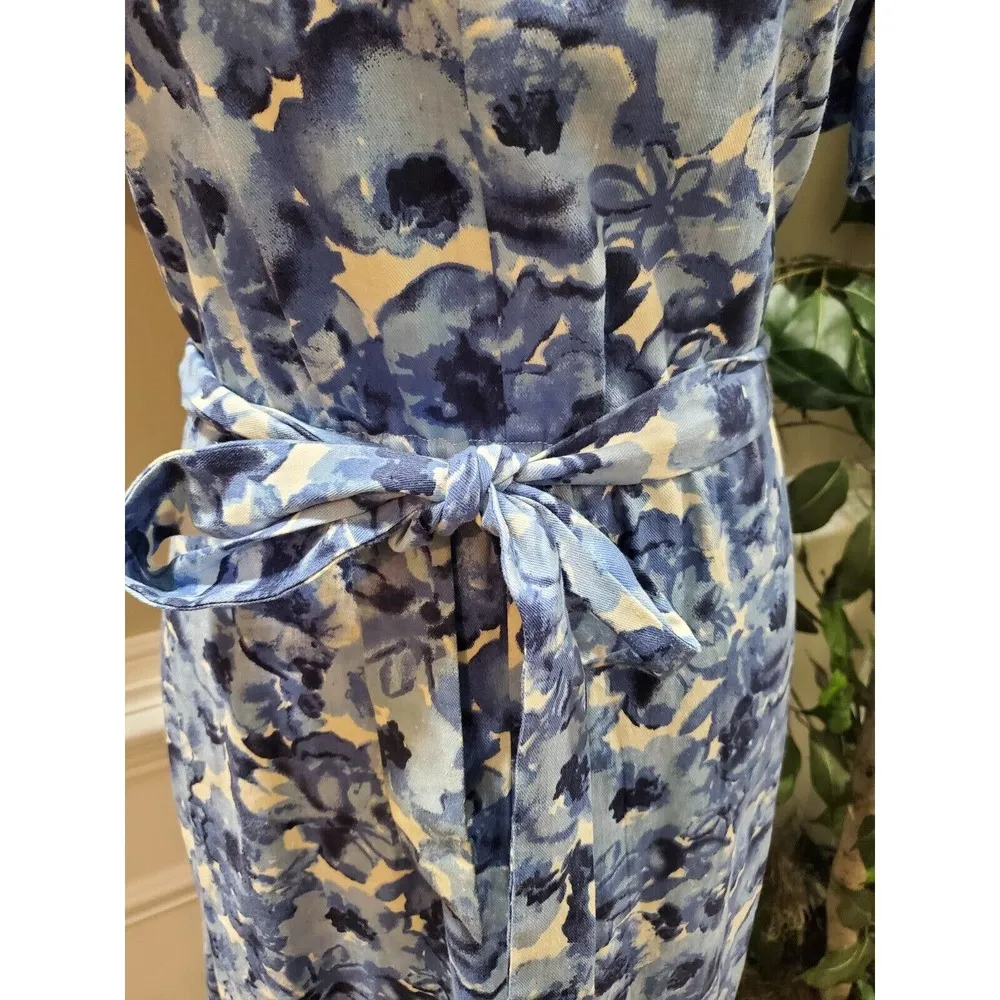 Orvis Women's Blue Floral Linen V-Neck Short Sleeve Knee Length Dress Size 14 - Image 3