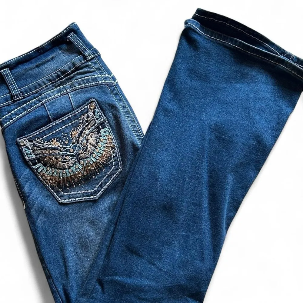 SEXY High Waist Bell Bottom Rhinestone Flare Jeans – Size 9/10 – Blue - Image 4
