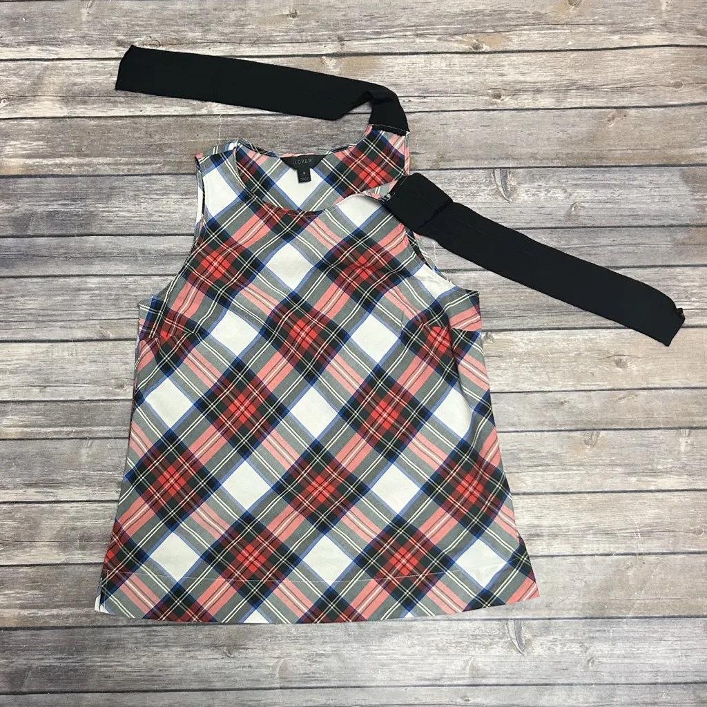 J Crew Red White Black Plaid Sleeveless Shoulder Bow Tie A Line Cotton Blouse 0 - Image 5