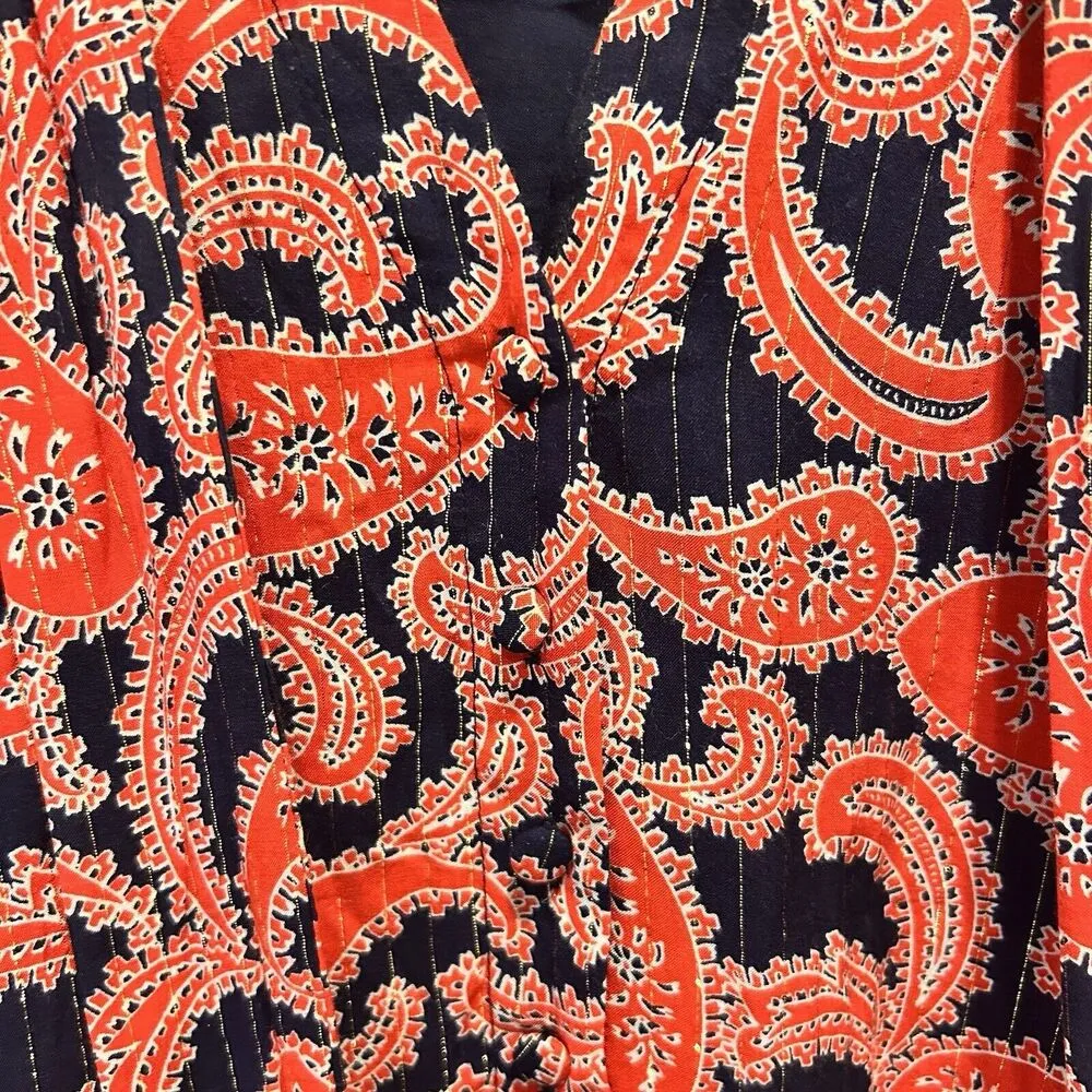 Boden Tie Neck Mini Dress Red Blue Gold Metallic Paisley Women’s‎ Size 14 - Image 3