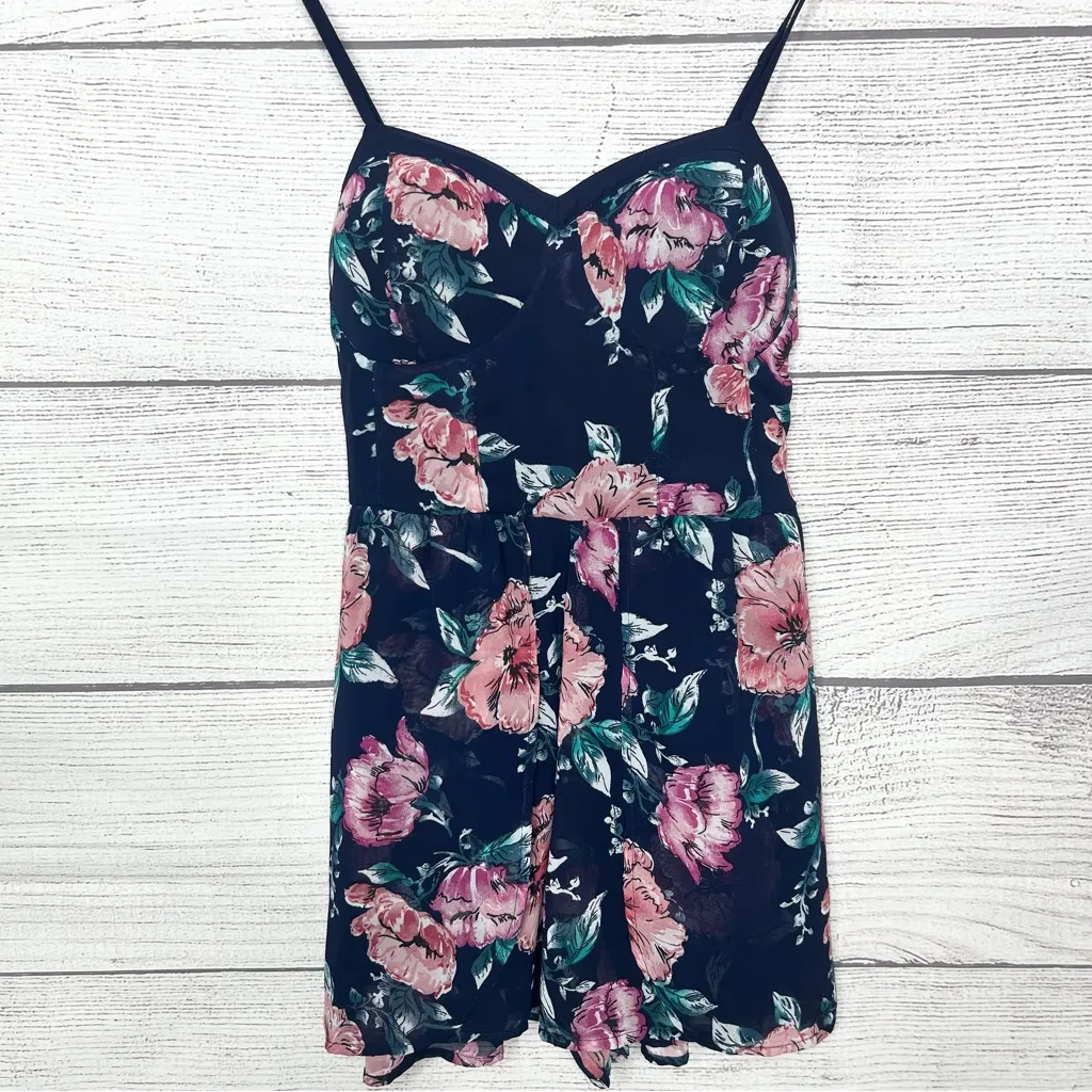 Xhilaration Navy Blue & Pink Floral Mini Romper with Chiffon Overlay Size Small - Image 2