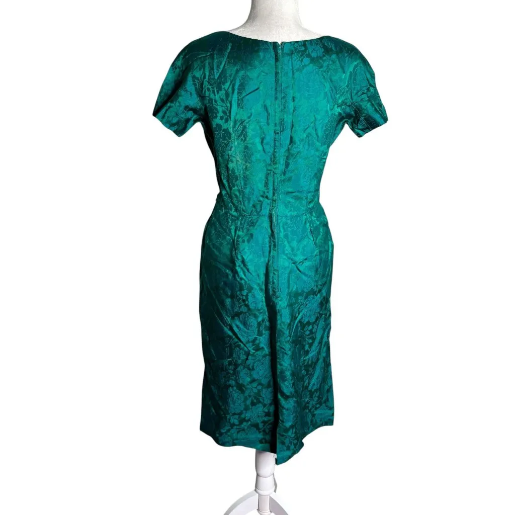 Vintage 50s Floral Brocade Dress Jacket Set Size Small Green Short Sleeve Zipper - Image 9