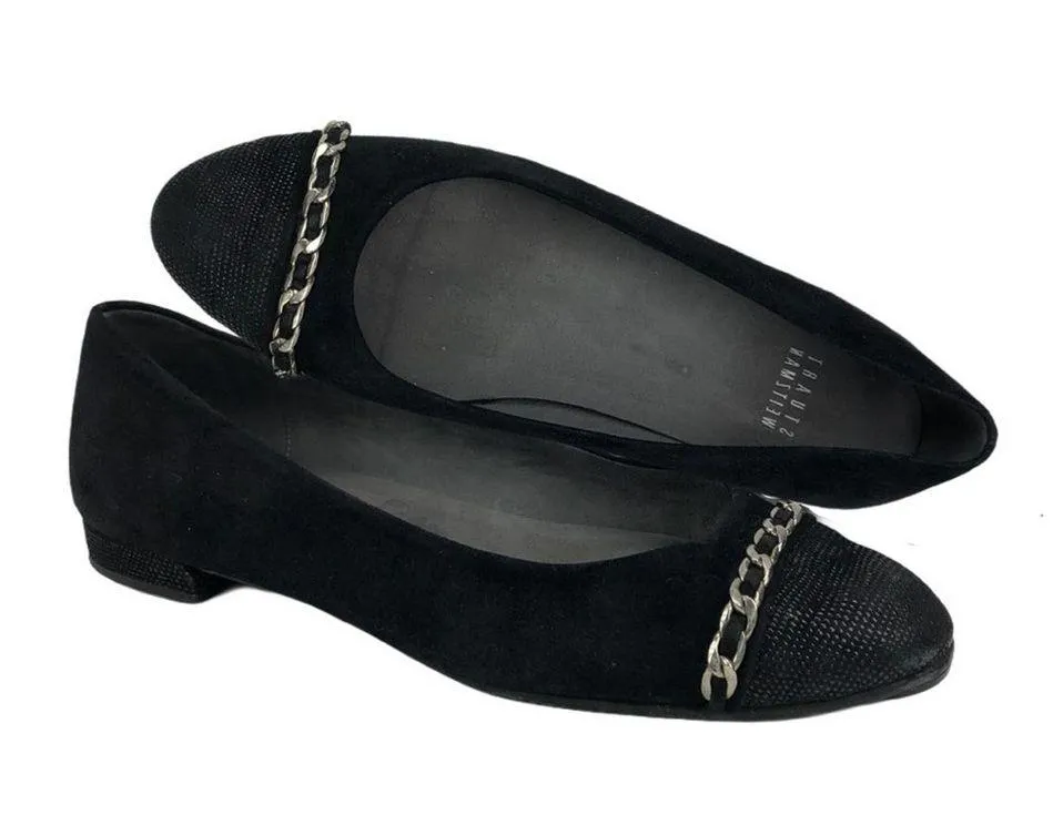 Stuart Weitzman Legacy Cap Toe Ballet Loafers Flat Black Suede Chain Accent  6 - Image 2