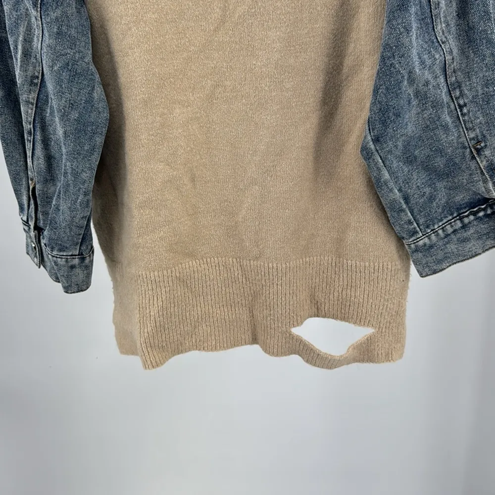 Entro Tan V-Neck denim sleeve contrast distressed sweater casual mixed material - Image 4