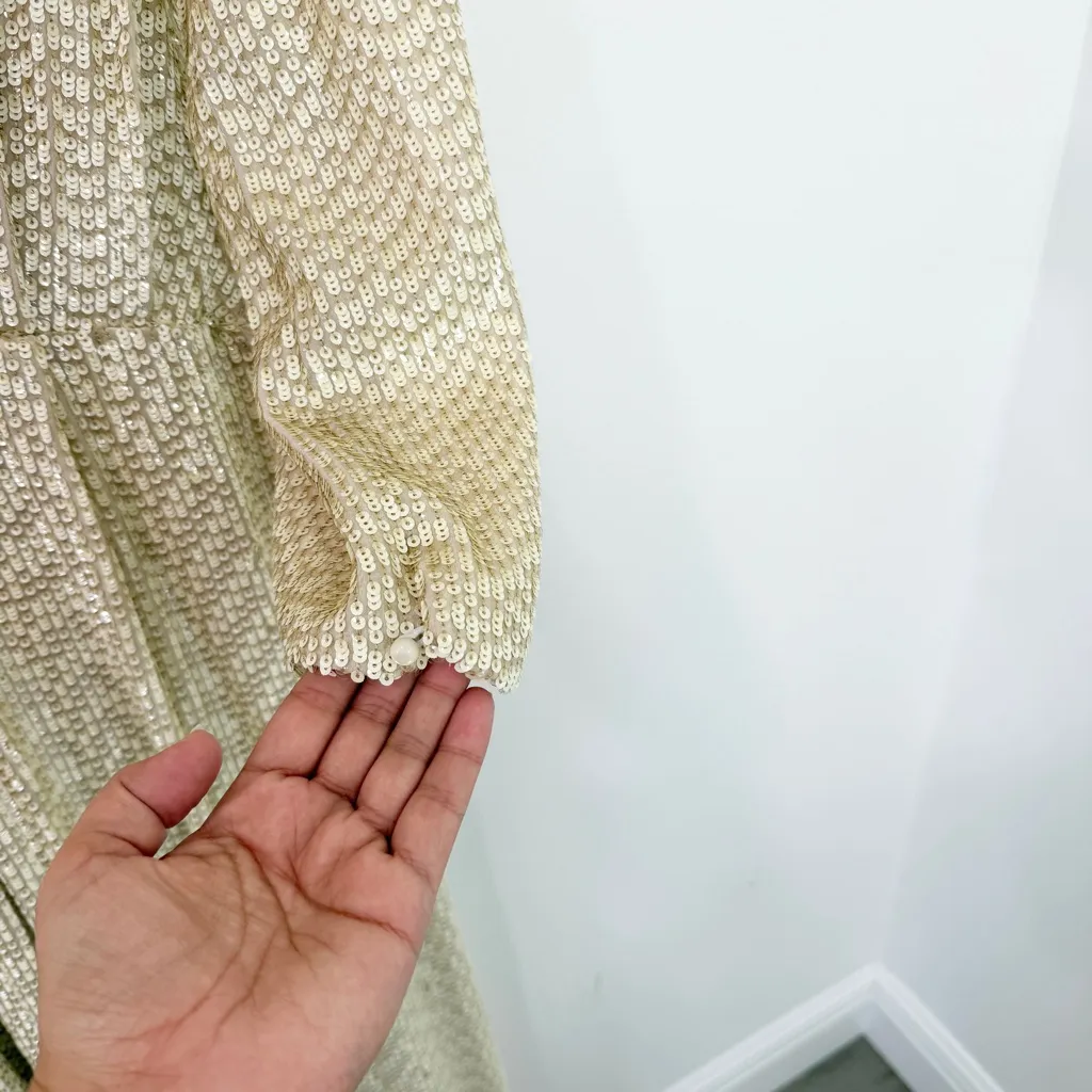 Alexis Zeda Cream Sequin Jumpsuit Long Sleeve Wide Leg Size Large RARE - Image 7