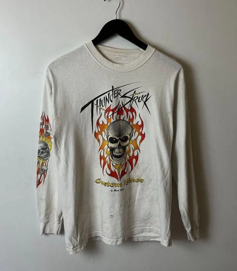Distressed Vintage Y2K Thunder Struck Custom Bikes T Shirt White Small Skull - Image 12