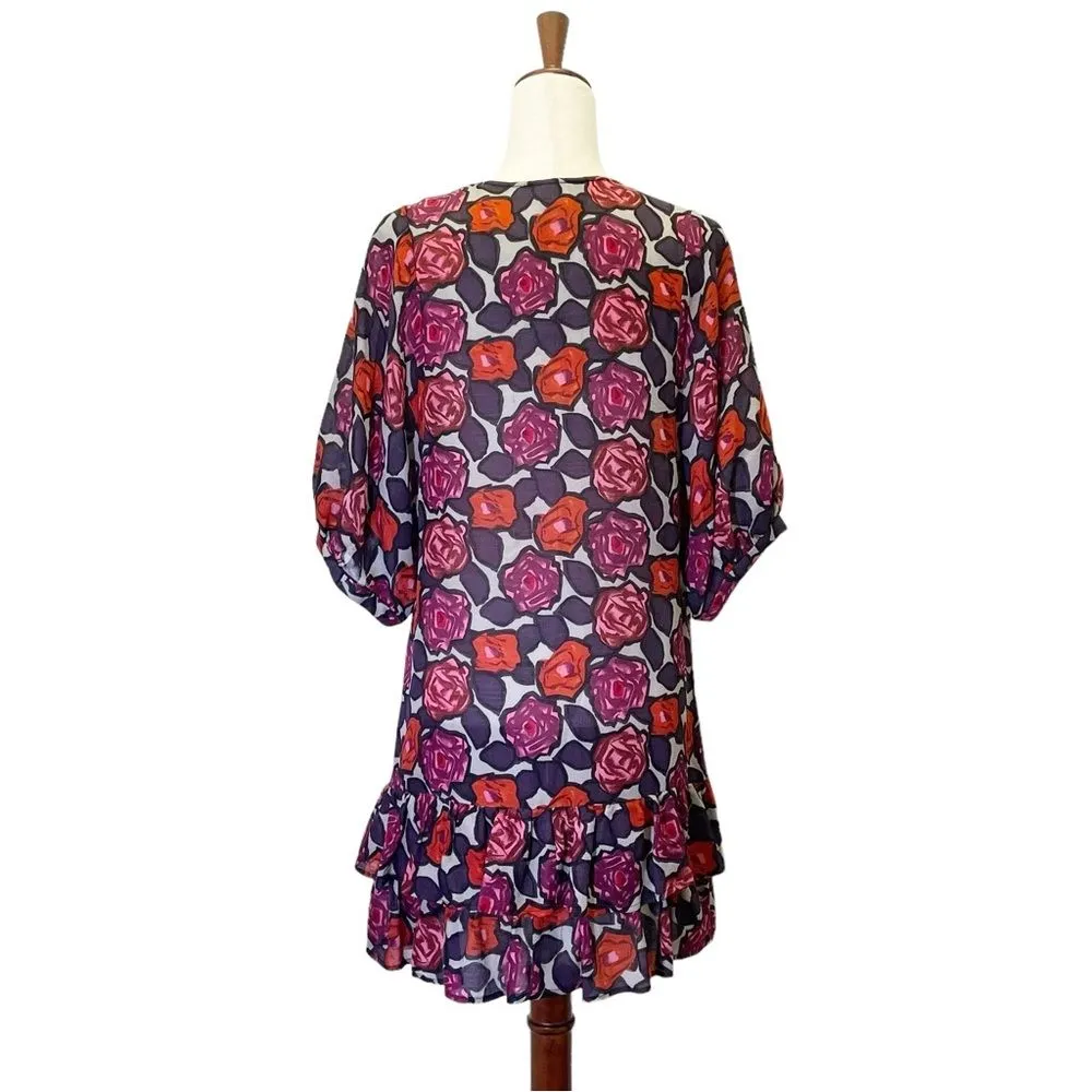 Tracy Reese Drop Waist Mini Dress Size Medium Rose Floral Silk Wool Blend Tunic - Image 2