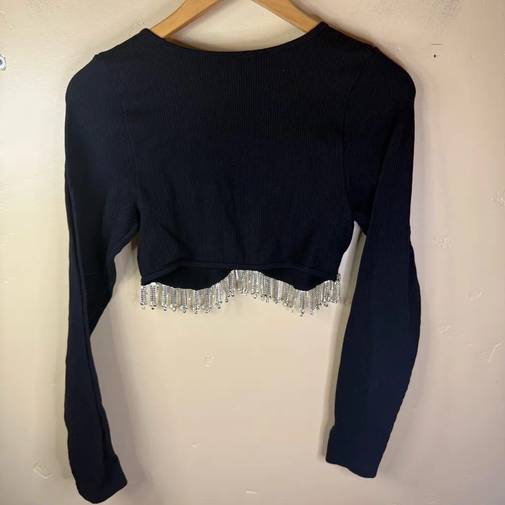 Sincerely Jules Size XL Ribbed Knit Crop Top Embellished Jewels LS Black Silver - Image 6