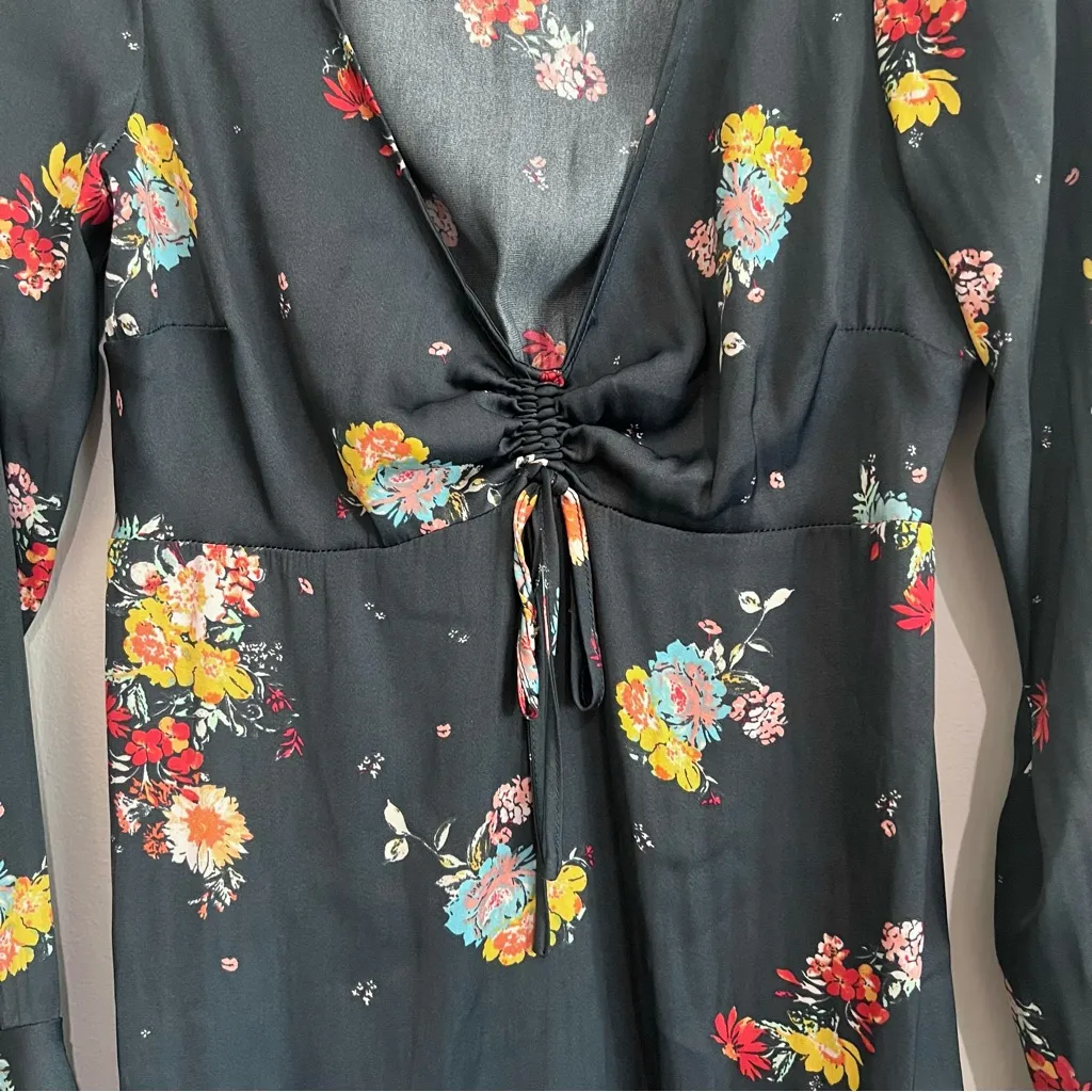 Free People Midnight Navy Silky Mini Dress Floral Long Sleeve Size S - Image 6